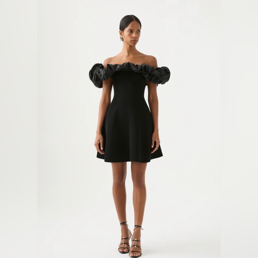 Aje black mini dress with off shoulder ruffle